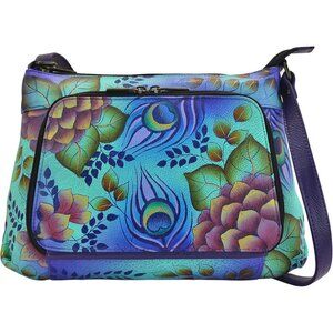 Women's Hand-painted Genuine Leather Crossbody Organizer Peacock Garden